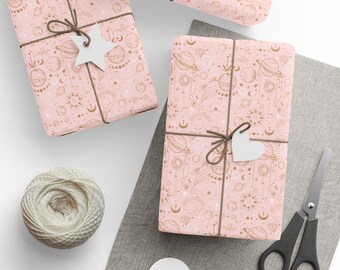 Papel de regalo Boho Stars: papel de regalo celestial, diseño espacial y galáctico, perfecto para cumpleaños y festividades, papel artístico ecológico.