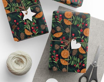 Papel de regalo para frutos secos, papel de regalo botánico vintage, ecológico, festivo, navideño, de invierno, impreso a mano, inspirado en la naturaleza, único.