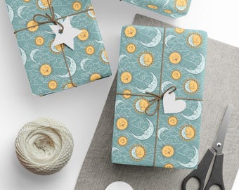 Papel de regalo celestial con diseño de sol y luna, papel de regalo con diseño bohemio, papel artístico ecológico para cumpleaños y festividades.