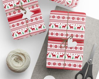 Papel de regalo navideño con diseño de renos y copos de nieve, papel rústico de invierno, perfecto para regalos de Navidad.