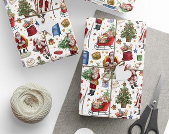 Papel de regalo navideño vintage, papel de regalo de Papá Noel pintado a mano, papel de regalo festivo, diseño retro, ecológico, rollo de papel de regalo.