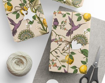 Papel de regalo botánico con diseño de colibrí y limón, rollo de papel de regalo con elegante diseño de toile y chinoiserie, ideal para cumpleaños, bodas y fiestas.
