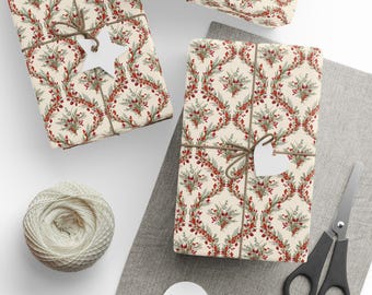 Papel de regalo navideño vintage con efecto toile, ideal para bodas, cumpleaños y regalos ecológicos, estilo shabby chic navideño.