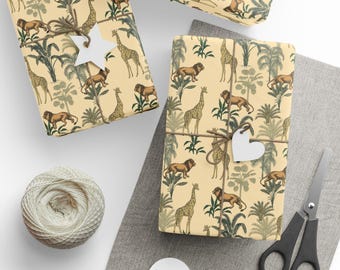 Papel de regalo vintage de animales de la selva, papel de regalo de safari, papel de regalo ecológico para cumpleaños y fiestas, diseño de animales del zoológico, decoración retro de safari.