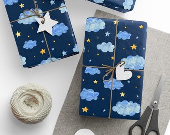 Papel de regalo celestial con cielo y estrellas, diseño bohemio, papel de bellas artes ecológico para cumpleaños, festividades y regalos infantiles.