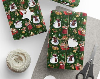 Papel de regalo navideño vintage, muñeco de nieve pintado a mano, papel de regalo festivo verde, estilo retro, embalaje de regalo ecológico.