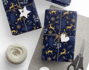 Papel de regalo con diseño de renos y copos de nieve, elegante papel de regalo para Navidad, papel de regalo para fiestas, ecológico, para cumpleaños y bodas.