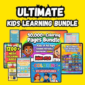 May include: A vibrant graphic promoting a kids' learning bundle. The image features multiple digital products, including coloring books, interactive stories, and printable bundles. Text includes "ULTIMATE KIDS LEARNING BUNDLE" and "10,000+ Coloring Pages Bundle."
