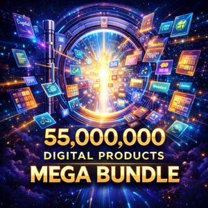 Puede incluir: Ilustración digital artística con una explosión de luz central y iconos de productos digitales flotantes. El texto dorado dice "55,000,000 DIGITAL PRODUCTS MEGA BUNDLE" sobre un fondo azul oscuro.