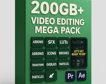 May include: A green box featuring the text "200GB+ VIDEO EDITING MEGA PACK" in white. It displays buttons labeled "ARROWS, SFX, LUTS, ICONS, BRUSHES, TRANSITIONS, OVERLAYS, PARTICLES". The box also includes "Pr" and "Ae" logos.