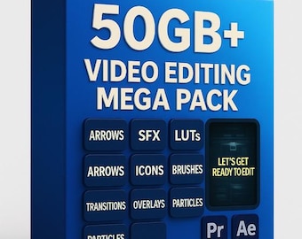 May include: A blue box with the text "50GB+ VIDEO EDITING MEGA PACK" in white. Below are labeled buttons for "ARROWS, SFX, LUTS, ICONS, BRUSHES, TRANSITIONS, OVERLAYS, PARTICLES". The box also includes "Pr Ae" and "LET'S GET READY TO EDIT".