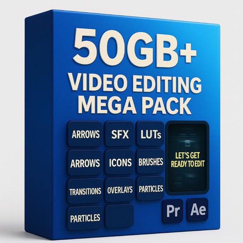 Op de afbeelding: Een blauwe doos met de tekst "50GB+ VIDEO EDITING MEGA PACK" in het wit. Het bevat knoppen met de labels "ARROWS, SFX, LUTS, ICONS, BRUSHES, TRANSITIONS, OVERLAYS, PARTICLES". De doos heeft ook "Pr Ae" en "LET'S GET READY TO EDIT".