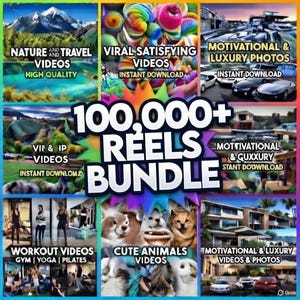 Könnte beinhalten: Eine lebendige Grafik, die ein Reels-Bundle bewirbt. Das Bild zeigt verschiedene Kategorien wie Natur, Reisen, befriedigende Videos, Luxusfotos, Trainingsvideos und niedliche Tiere. Der Text enthält "100.000+ Reels Bundle" und "Sofort-Download."