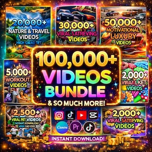 May include: A vibrant graphic promoting a video bundle with various categories. The image features text like "100,000+ VIDEOS BUNDLE" and includes icons for social media platforms. Categories include nature, travel, workout, and viral videos.