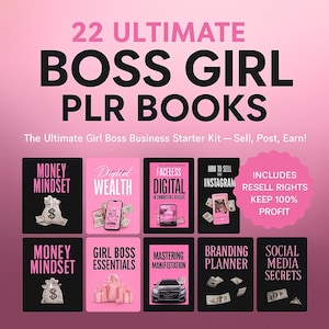 Può includere: Immagine promozionale per "22 Ultimate Boss Girl PLR Books". L'immagine presenta copertine di libri con titoli come "Money Mindset", "Digital Wealth" e "How to Sell on Instagram". Lo sfondo è rosa.