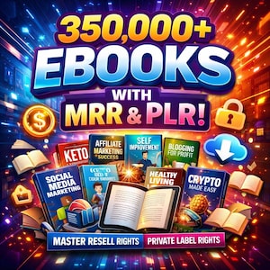 Puede incluir: Un gráfico promocional con el texto "350.000+ EBOOKS WITH MRR & PLR!". Se muestran varias portadas de libros, que cubren temas como Keto, Marketing de afiliados y Cripto. También se ven las frases "Master Resell Rights" y "Private Label Rights".