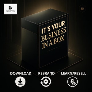 May include: A black box with gold text that reads "IT'S YOUR BUSINESS IN A BOX." Below the box are icons and text for "DOWNLOAD," "REBRAND," and "LEARN/RESELL." The Novatex Nest logo is in the upper left corner.