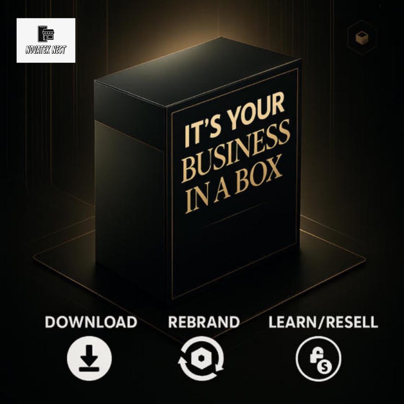 May include: A black box with gold text that reads "IT'S YOUR BUSINESS IN A BOX." Below the box are icons and text for "DOWNLOAD," "REBRAND," and "LEARN/RESELL." The Novatex Nest logo is in the upper left corner.