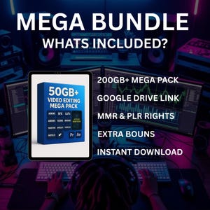 Op de afbeelding: Advertentie voor een digitale productbundel. De afbeelding toont een tablet met een blauwe doos met de tekst "50GB+ VIDEO EDITING MEGA PACK". Tekst bevat "MEGA BUNDLE" en "WHATS INCLUDED?" met details als "200GB+ MEGA PACK" en "INSTANT DOWNLOAD."