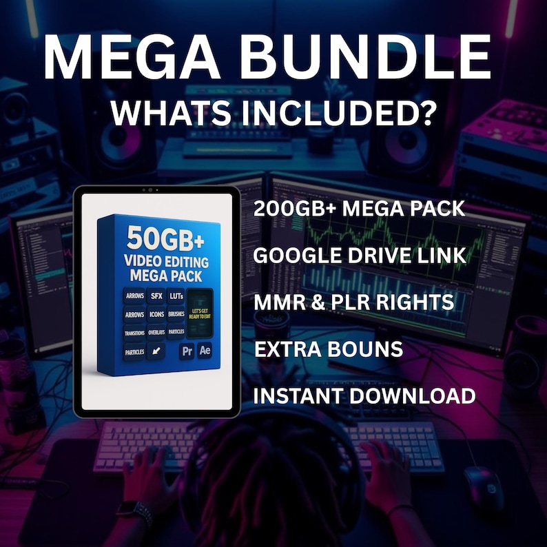 Op de afbeelding: Advertentie voor een digitale productbundel. De afbeelding toont een tablet met een blauwe doos met de tekst "50GB+ VIDEO EDITING MEGA PACK". Tekst bevat "MEGA BUNDLE" en "WHATS INCLUDED?" met details als "200GB+ MEGA PACK" en "INSTANT DOWNLOAD."