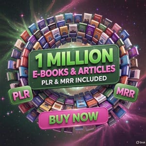 Pode incluir: Anúncio com uma faixa verde que diz "1 MILLION E-BOOKS & ARTICLES PLR & MRR INCLUDED", rodeada por um círculo de livros. Um botão rosa abaixo diz "BUY NOW". O fundo é um design cósmico.
