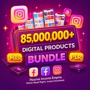 Può includere: Grafica di un pacchetto di prodotti digitali con il testo "85,000,000+ DIGITAL PRODUCTS BUNDLE". Include i loghi di Instagram, Facebook e Amazon, più il testo "Passive Income Empire. Master Resell Rights. Instant Download."