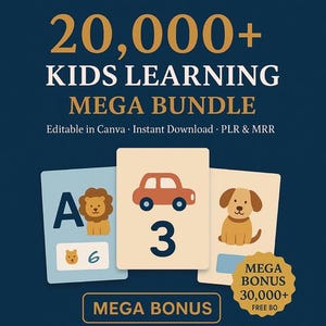 Peut inclure: Publicité pour un ensemble d'apprentissage numérique avec le texte "20 000+ KIDS LEARNING MEGA BUNDLE". L'image présente des cartes flash avec des illustrations d'un lion, d'une voiture et d'un chien. Le texte "MEGA BONUS" est également visible.