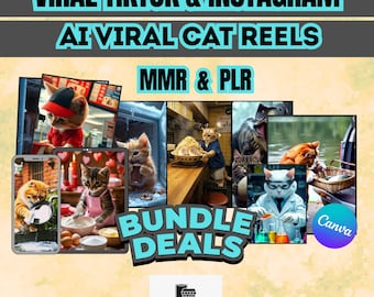 May include: A promotional graphic with the text "VIRAL TIKTOK & INSTAGRAM AI VIRAL CAT REELS" and "BUNDLE DEALS." The image features various cat-themed digital art pieces, including cats in different scenarios. The Canva logo is visible.
