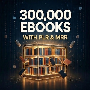 Puede incluir: Gráfico digital con el texto "300,000 EBOOKS WITH PLR & MRR" sobre una estantería brillante llena de libros. Varios libros parecen flotar alrededor de la estantería sobre un fondo azul oscuro con código binario.