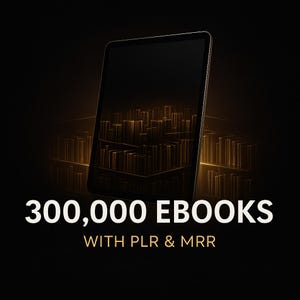 Puede incluir: Una tableta digital con pantalla oscura muestra una ilustración dorada de un paisaje urbano. El texto "300.000 EBOOKS WITH PLR & MRR" se muestra en blanco en la parte inferior de la imagen sobre un fondo negro.