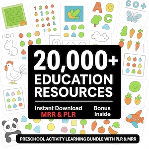 Peut inclure: Ensemble de cartes d'apprentissage d'activités préscolaires colorées. Les cartes présentent diverses illustrations, dont un labyrinthe, des chiffres, des fruits, un oiseau, des formes, des lettres, un nuage, un lapin, un poulet, un panda et un avion. Le rectangle noir central indique "20 000+ RESSOURCES ÉDUCATIVES".
