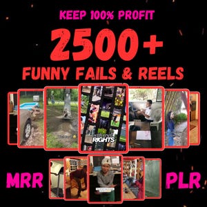 Może przedstawiać: Grafika promocyjna z tekstem "KEEP 100% PROFIT" i "2500+ FUNNY FAILS & REELS" w kolorze czerwonym. Obraz przedstawia serię wyświetlaczy przypominających tablety, prezentujących różne klipy wideo. Na dole obrazu wyświetlane są akronimy "MRR" i "PLR".