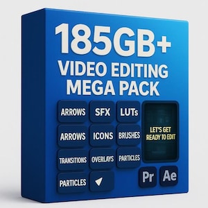 Peut inclure: Une boîte bleue avec le texte "185GB+ VIDEO EDITING MEGA PACK" en blanc. En dessous, des boutons bleus avec du texte blanc : ARROWS, SFX, LUTS, ICONS, BRUSHES, TRANSITIONS, OVERLAYS, PARTICLES. La boîte comprend également "LET'S GET READY TO EDIT" et "Pr Ae".