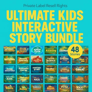 May include: A teal graphic with the text "ULTIMATE KIDS INTERACTIVE STORY BUNDLE" in yellow. Below are 24 colorful book covers with titles like "Day & Night", "Frozen", and "Ocean Adventures". The image includes the text "48 Stories".