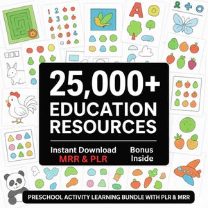 Peut inclure: Ensemble de cartes éducatives illustrées pour l'apprentissage préscolaire. Les cartes présentent des dessins colorés d'animaux, de fruits, de formes et de chiffres. Un rectangle noir affiche le texte "25,000+ EDUCATION RESOURCES" et "PRESCHOOL ACTIVITY LEARNING BUNDLE WITH PLR & MRR".