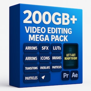 Puede incluir: Una caja azul con el texto "200GB+ VIDEO EDITING MEGA PACK" en blanco. Debajo hay botones etiquetados para elementos de edición de video como flechas, SFX, LUTs, iconos, pinceles, transiciones, superposiciones y partículas. La caja también incluye el texto "LET'S GET READY TO EDIT" y los logotipos de Adobe Premiere y After Effects.