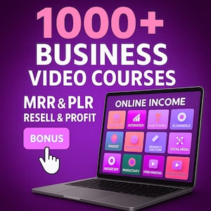May include: A laptop screen shows icons related to online income, including automation and e-commerce. The image also features the text "1000+ Business Video Courses" and "MRR & PLR Resell & Profit." A hand points to a "Bonus" button.