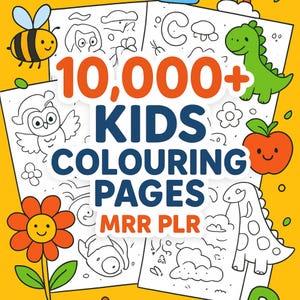 Könnte beinhalten: Ein Bild mit Malvorlagen für Kinder, mit dem Text "10.000+ KIDS COLOURING PAGES". Die Seiten zeigen Illustrationen einer Biene, einer Eule, einer Blume, eines Dinosauriers und eines Apfels. Der Hintergrund ist gelb.