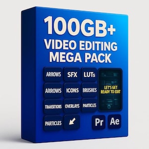 Peut inclure: Une boîte bleue avec le texte "100GB+ VIDEO EDITING MEGA PACK" en blanc. En dessous, plusieurs boutons avec des textes tels que "ARROWS", "SFX", "LUTS", "ICONS", "BRUSHES", "TRANSITIONS", "OVERLAYS" et "PARTICLES". La boîte contient également le texte "LET'S GET READY TO EDIT".