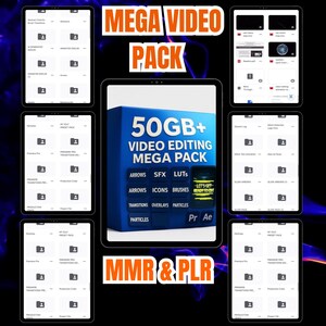 Op de afbeelding: Advertentie voor een digitaal videobewerkingspakket, weergegeven op meerdere tablets. De afbeelding toont een "MEGA VIDEO PACK" met meer dan 50 GB aan bronnen, waaronder "ARROWS, SFX, LUTS" en de tekst "MMR & PLR".