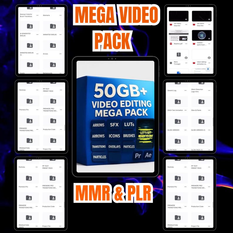 Op de afbeelding: Advertentie voor een digitaal videobewerkingspakket, weergegeven op meerdere tablets. De afbeelding toont een "MEGA VIDEO PACK" met meer dan 50 GB aan bronnen, waaronder "ARROWS, SFX, LUTS" en de tekst "MMR & PLR".