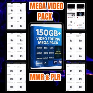 May include: An advertisement for a digital video editing pack, displayed on a tablet. The image shows the text "MEGA VIDEO PACK" and "150GB+". It lists video editing resources such as arrows, SFX, LUTs, icons, brushes, transitions, overlays, and particles. The text "MMR & PLR" is also visible.