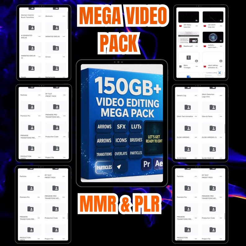 May include: An advertisement for a digital video editing pack, displayed on a tablet. The image shows the text "MEGA VIDEO PACK" and "150GB+". It lists video editing resources such as arrows, SFX, LUTs, icons, brushes, transitions, overlays, and particles. The text "MMR & PLR" is also visible.