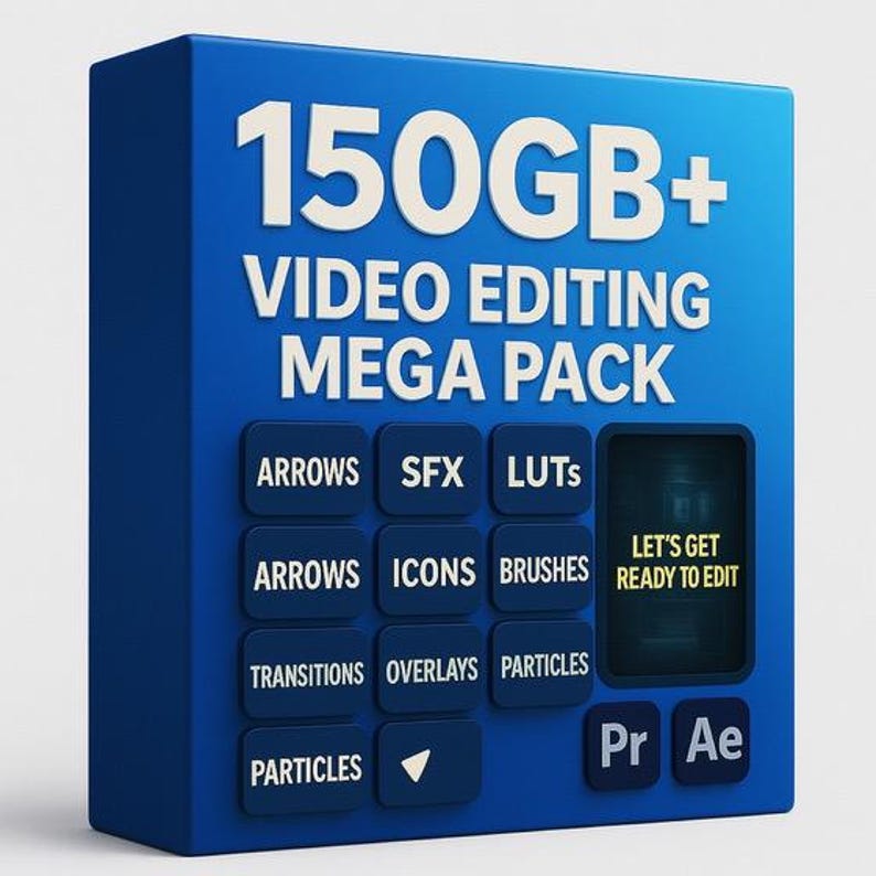 May include: A blue box displaying "150GB+ VIDEO EDITING MEGA PACK" in white. It features buttons for video editing elements such as arrows, SFX, LUTs, icons, brushes, transitions, overlays, and particles. The box also includes "Pr" and "Ae" icons.