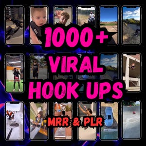 Può includere: Immagine promozionale con più schermi di smartphone che mostrano vari videoclip. Il testo rosa acceso "1000+ VIRAL HOOK UPS" è in evidenza, con "MRR & PLR" sotto. Lo sfondo ha un design scuro, sfocato e colorato.