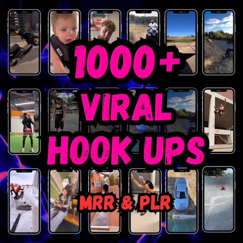Pu&ograve; includere: Immagine promozionale con pi&ugrave; schermi di smartphone che mostrano videoclip. Il testo centrale, in rosa acceso, recita "1000+ VIRAL HOOK UPS", con "MRR & PLR" sotto. Lo sfondo presenta una sfumatura blu scuro e viola.