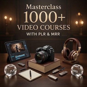 May include: An advertisement for a masterclass with over 1000 video courses. The image shows a tablet with video editing software, a Canon camera, headphones, a book, and USB drives. The text reads "Masterclass 1000+ Video Courses with PLR & MRR."