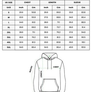 May include: A sizing chart for an all over print hoodie, featuring a table with US sizes from S to 5XL, including chest, length, and sleeve measurements in inches and cm, alongside a line drawing of a hoodie with labels for chest, length, and sleeves.