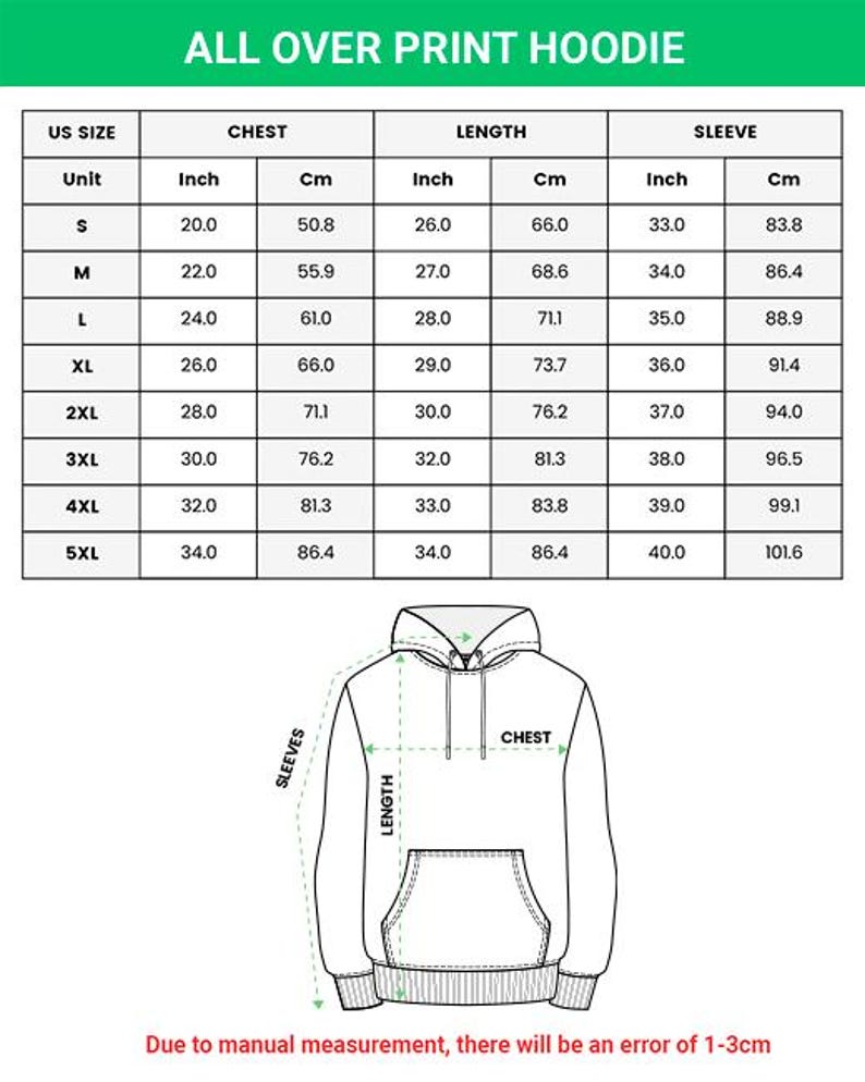 May include: A sizing chart for an all over print hoodie, featuring a table with US sizes from S to 5XL, including chest, length, and sleeve measurements in inches and cm, alongside a line drawing of a hoodie with labels for chest, length, and sleeves.