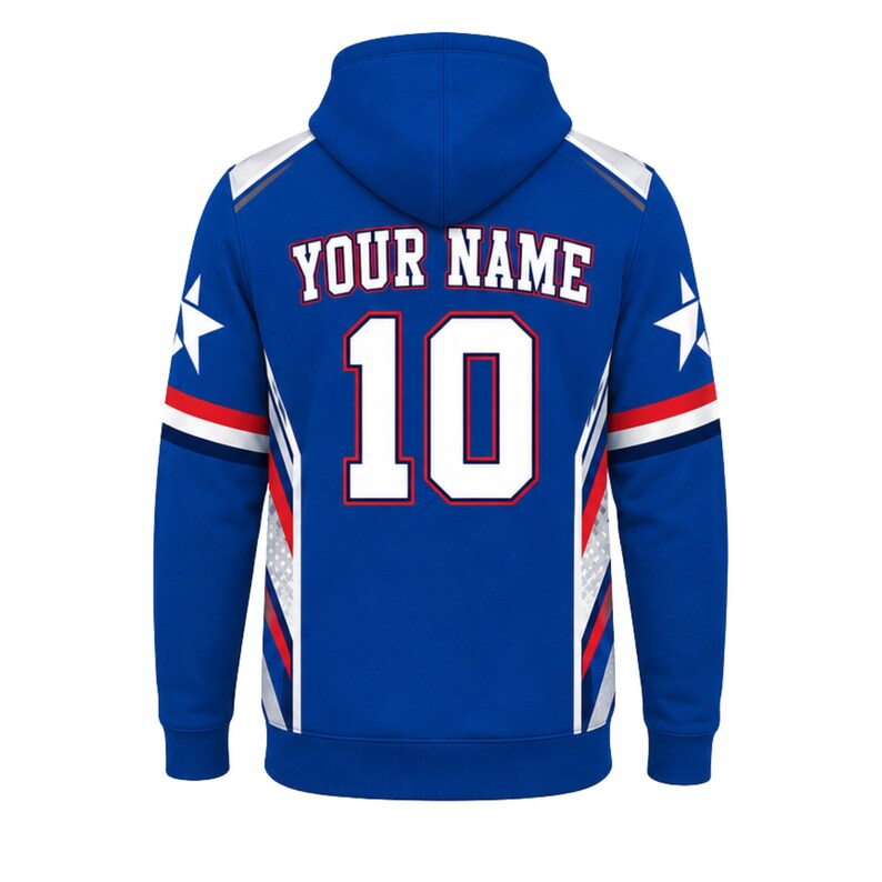 May include: A royal blue hoodie featuring the text YOUR NAME and the number 10 in white with red outlines on the back. The design includes white star graphics on the sleeves and red, white, and blue striped accents along the side panels.